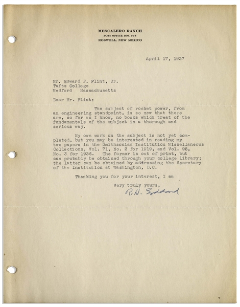 Scarce 1937 Letter Signed by Robert H. Goddard, the Father of Space Flight -- ''The subject of rocket power, from an engineering standpoint, is so new...'' -- With JSA COA